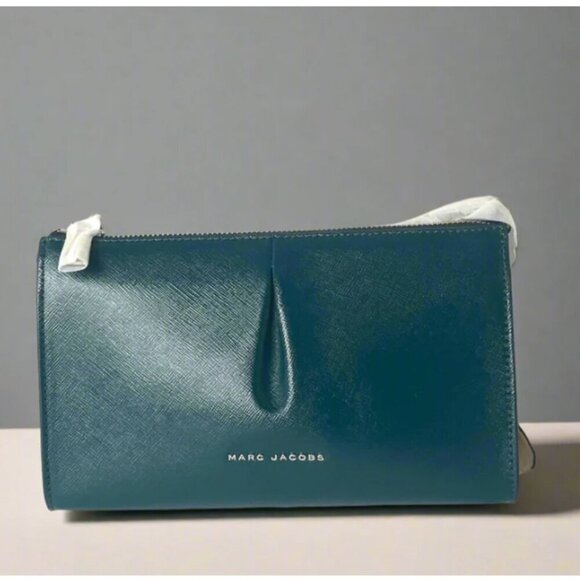 Marc Jacobs Crossbody Small Clutch Green Gray Leather Pleated Two Tone - Picture 1 of 9